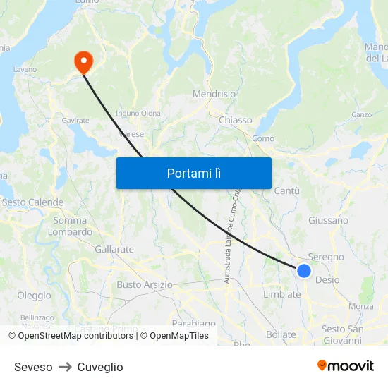 Seveso to Cuveglio map