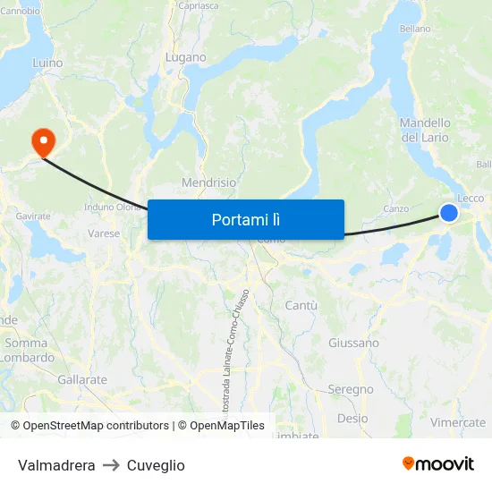 Valmadrera to Cuveglio map