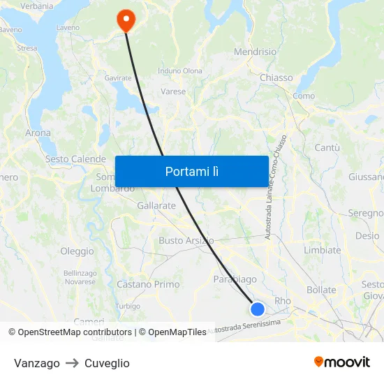 Vanzago to Cuveglio map