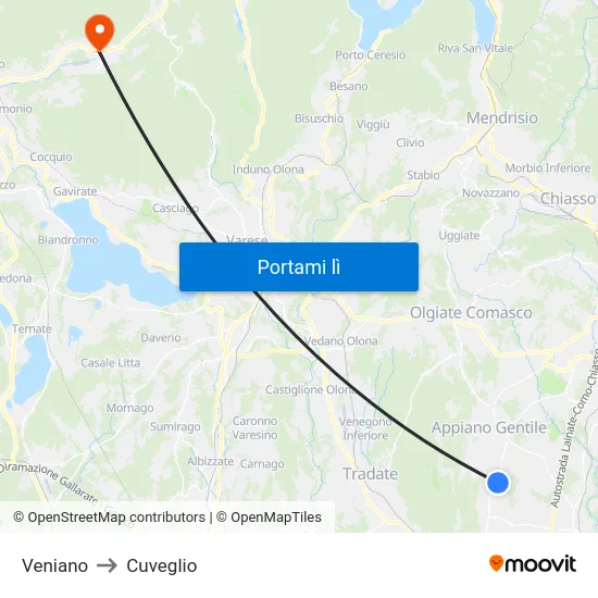 Veniano to Cuveglio map