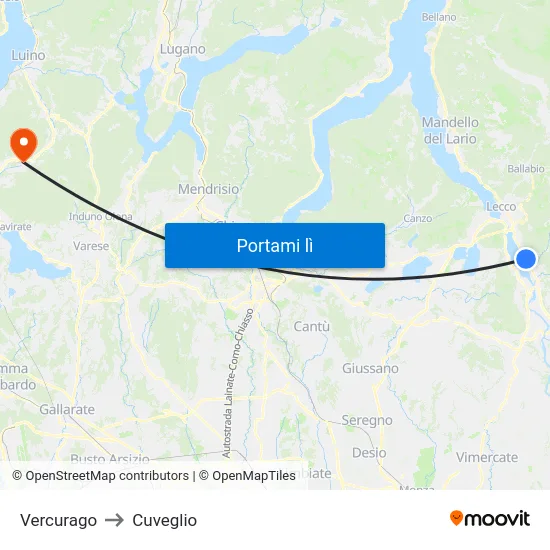 Vercurago to Cuveglio map