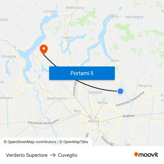 Verderio Superiore to Cuveglio map