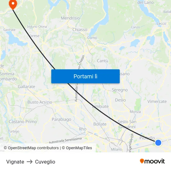 Vignate to Cuveglio map