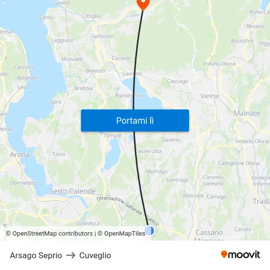 Arsago Seprio to Cuveglio map