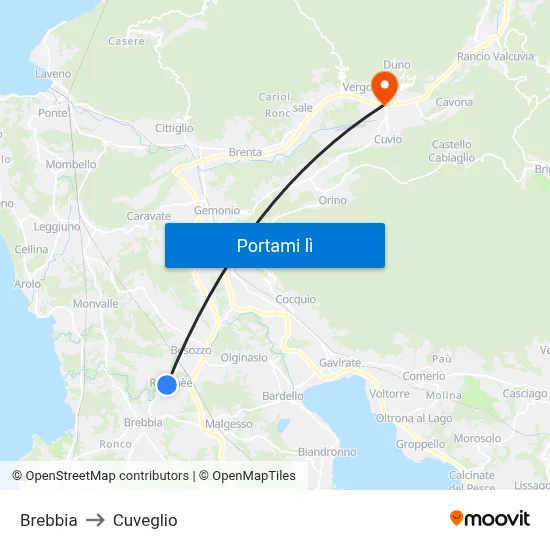 Brebbia to Cuveglio map