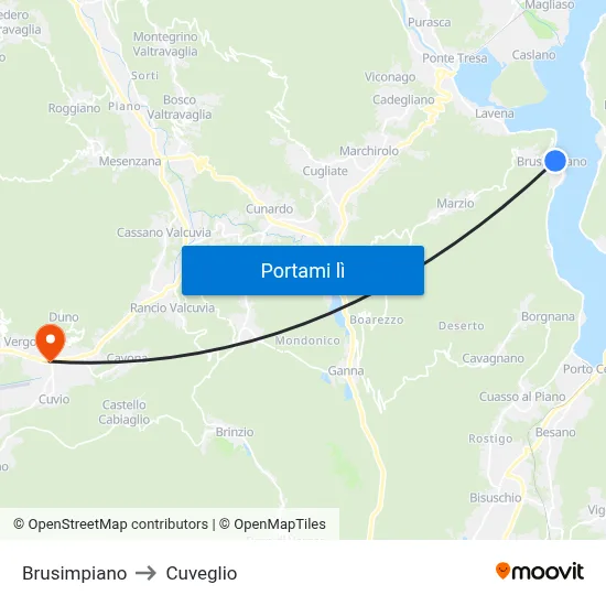 Brusimpiano to Cuveglio map