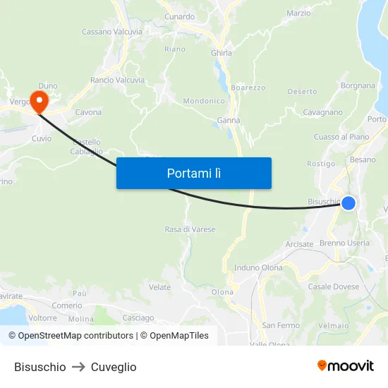 Bisuschio to Cuveglio map