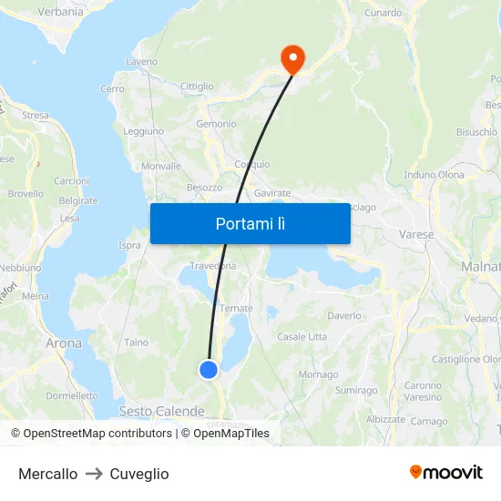 Mercallo to Cuveglio map