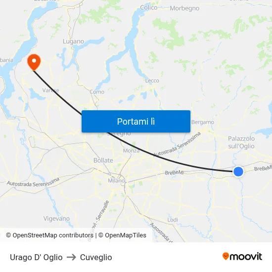 Urago D' Oglio to Cuveglio map
