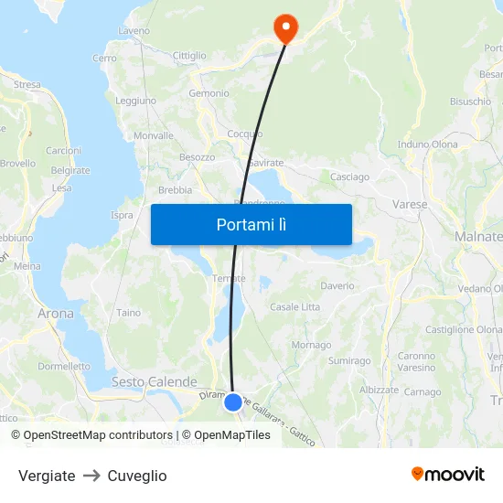 Vergiate to Cuveglio map