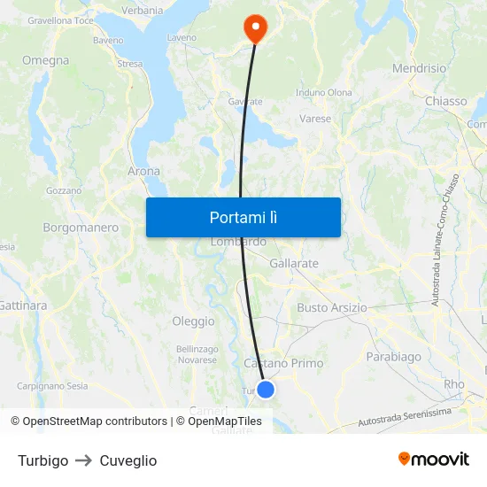 Turbigo to Cuveglio map