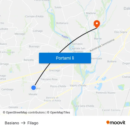 Basiano to Filago map