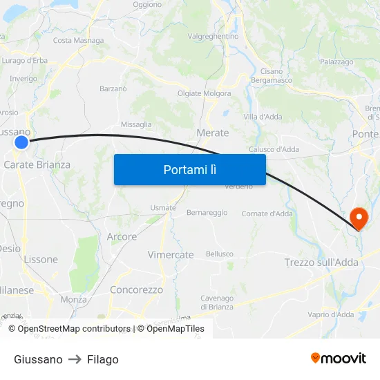 Giussano to Filago map