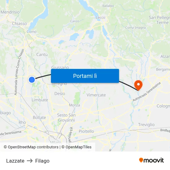 Lazzate to Filago map