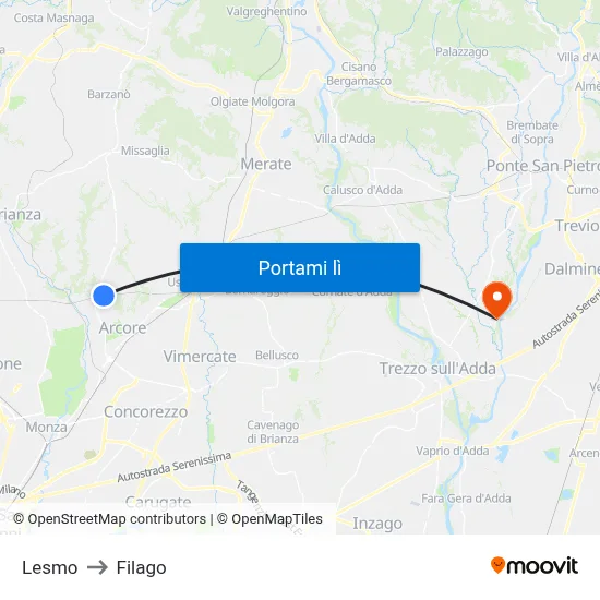 Lesmo to Filago map