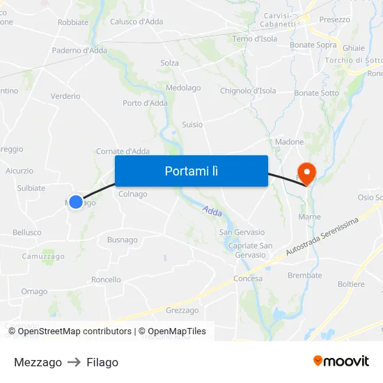 Mezzago to Filago map