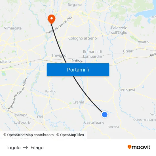 Trigolo to Filago map