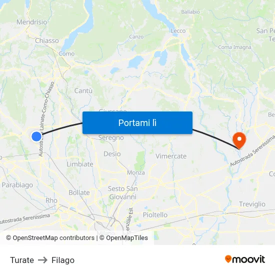 Turate to Filago map