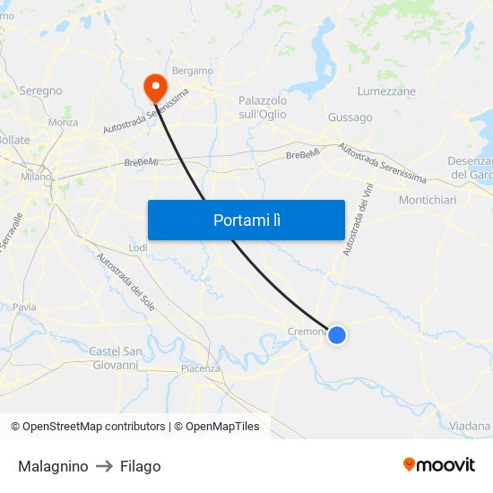 Malagnino to Filago map