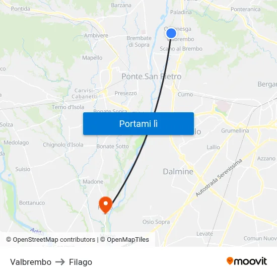 Valbrembo to Filago map