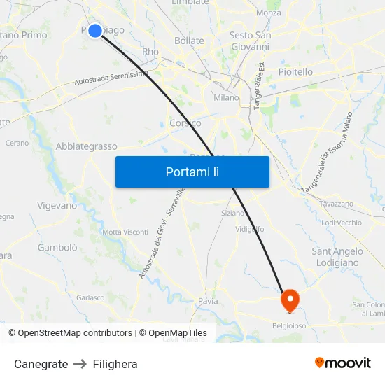 Canegrate to Filighera map