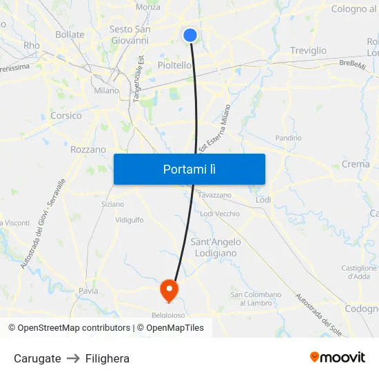 Carugate to Filighera map