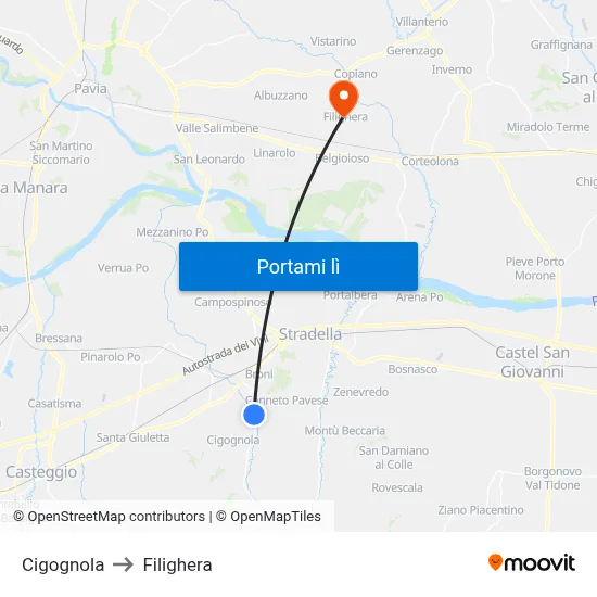 Cigognola to Filighera map