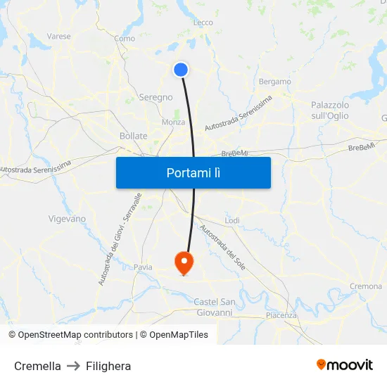Cremella to Filighera map
