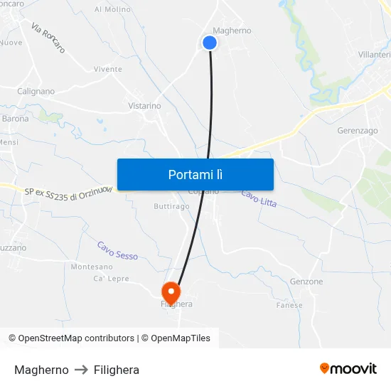 Magherno to Filighera map