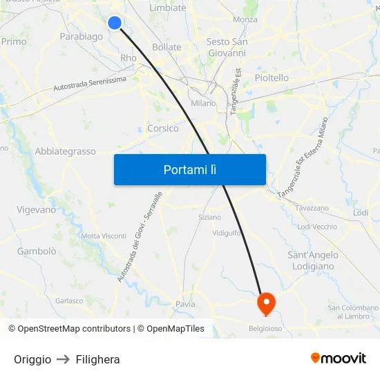 Origgio to Filighera map