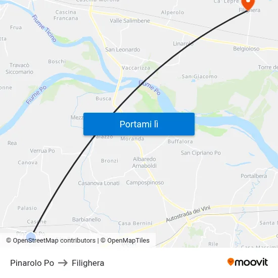 Pinarolo Po to Filighera map