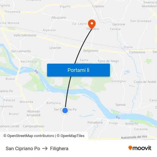 San Cipriano Po to Filighera map