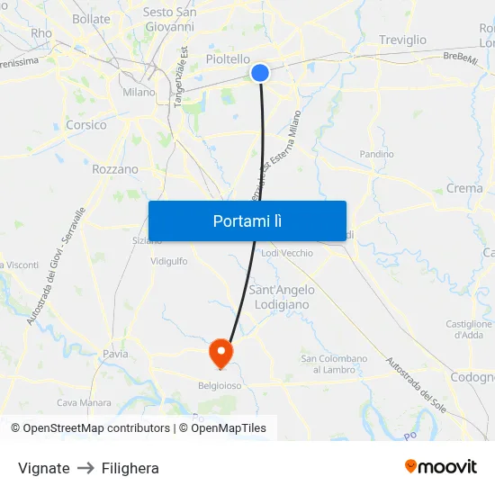 Vignate to Filighera map