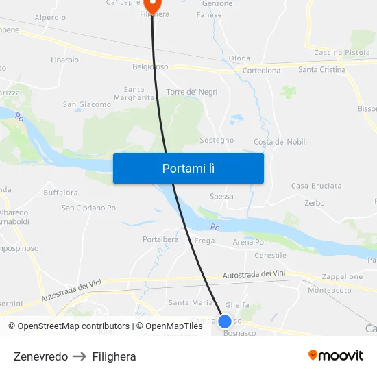 Zenevredo to Filighera map