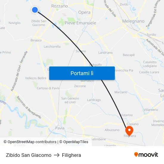 Zibido San Giacomo to Filighera map