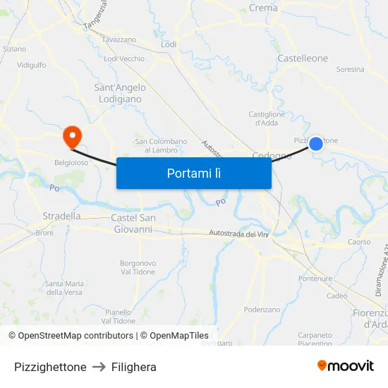 Pizzighettone to Filighera map