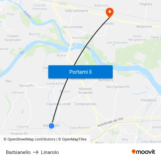 Barbianello to Linarolo map
