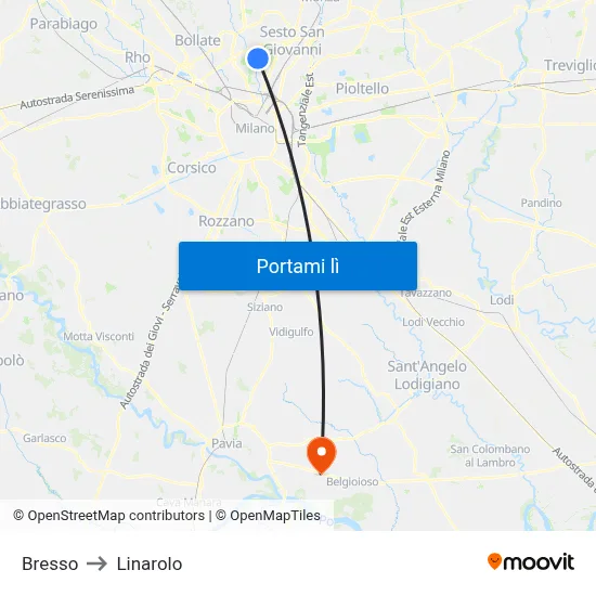 Bresso to Linarolo map