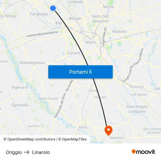 Origgio to Linarolo map