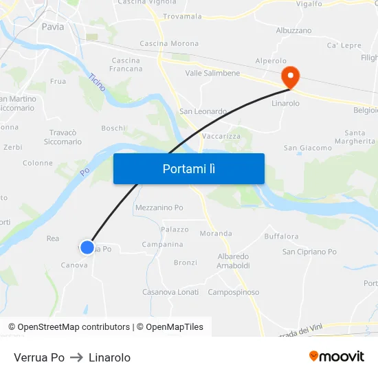 Verrua Po to Linarolo map