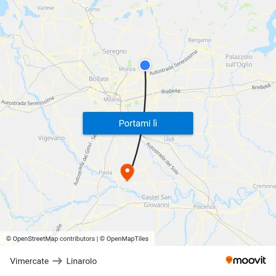 Vimercate to Linarolo map