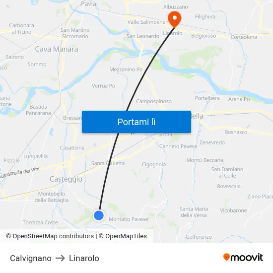 Calvignano to Linarolo map