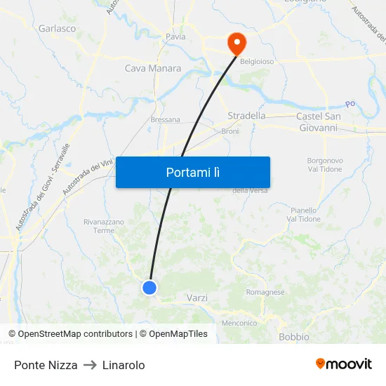 Ponte Nizza to Linarolo map