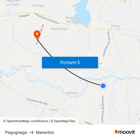 Pegognaga to Manerbio map