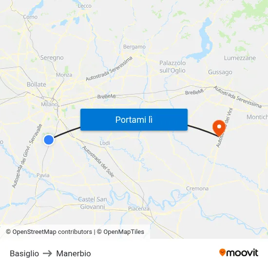 Basiglio to Manerbio map