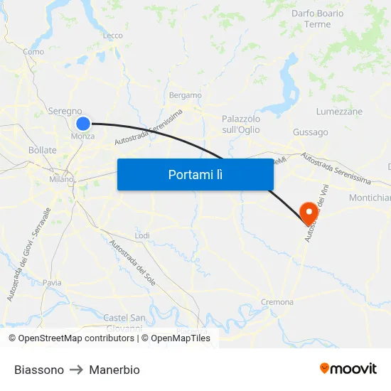Biassono to Manerbio map