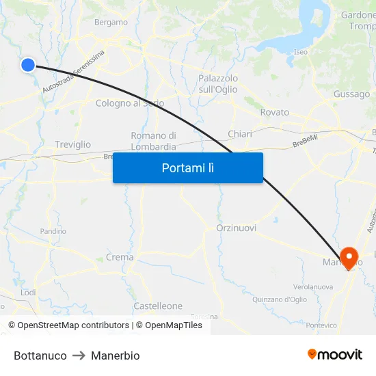 Bottanuco to Manerbio map