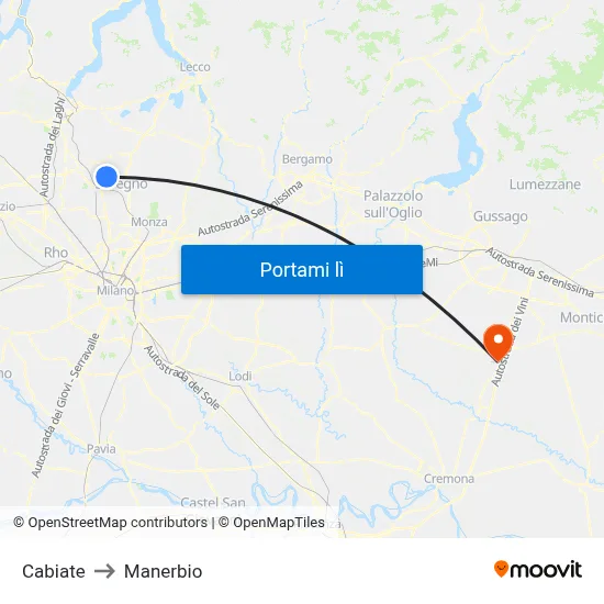 Cabiate to Manerbio map