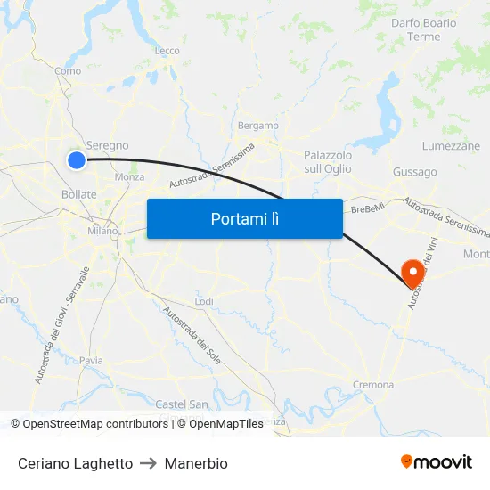 Ceriano Laghetto to Manerbio map
