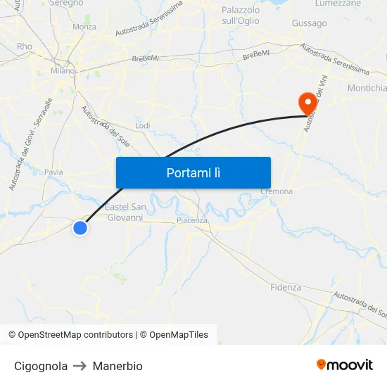 Cigognola to Manerbio map